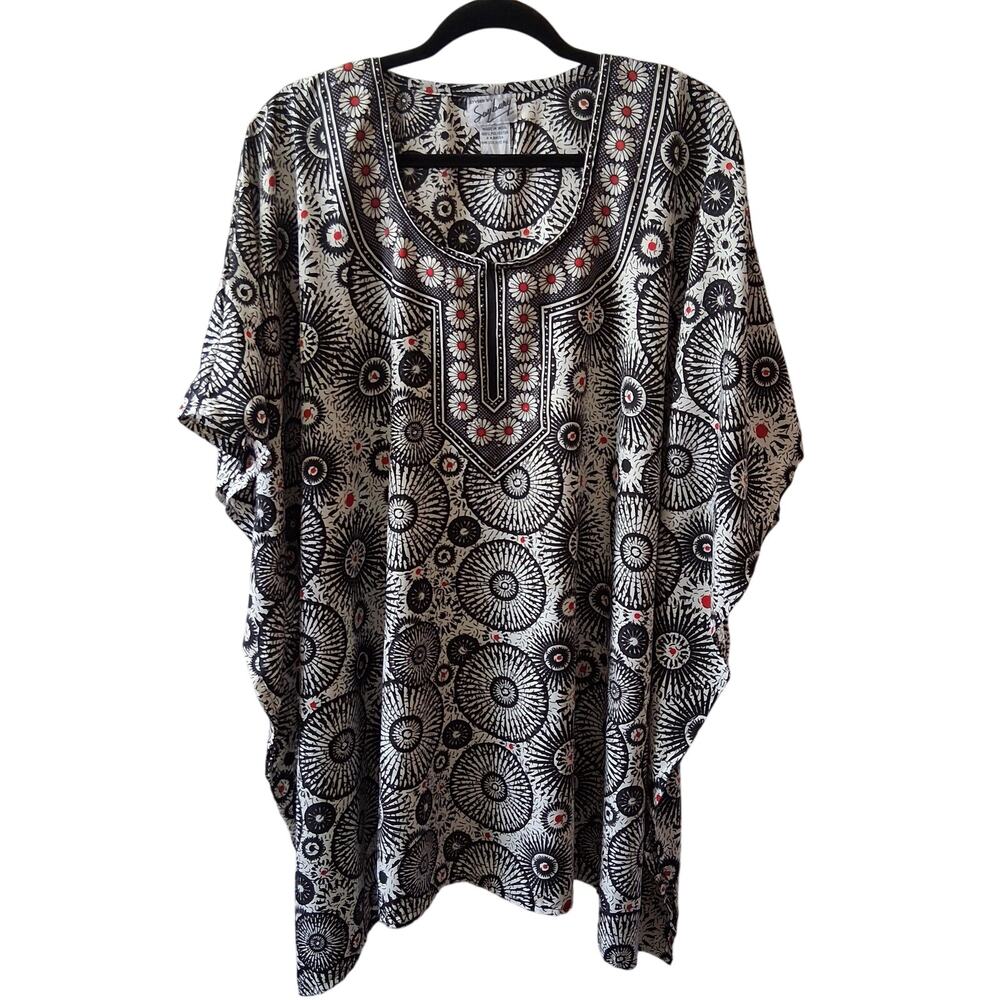 Saybury Tunic Short Caftan Black and White Red Loungewear Retro Mid Century-OS